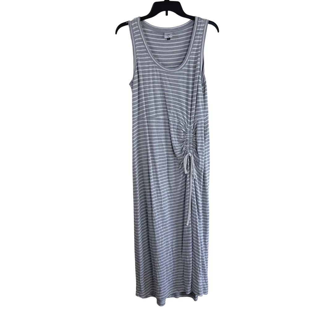 Cabi Medium Gray White Striped Maxi Dress Ruched‎ Side Drawstring Garden Casual